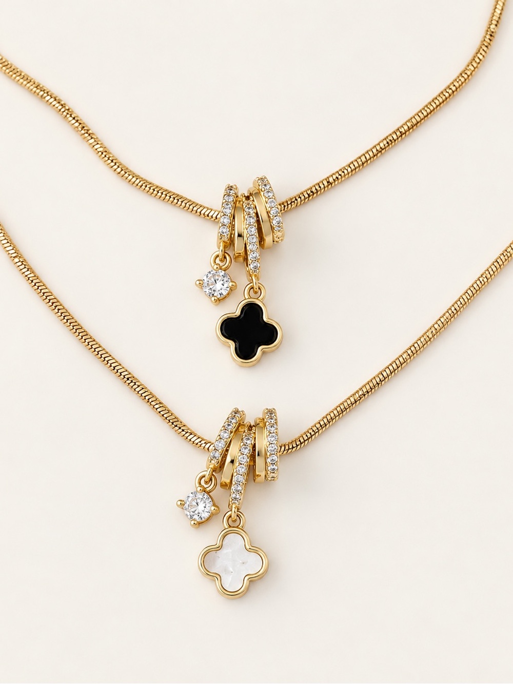 14K Gold Plated MoP Clover Necklace | CZ Pavé Rings & Crystal Charm - Picture 4 of 9